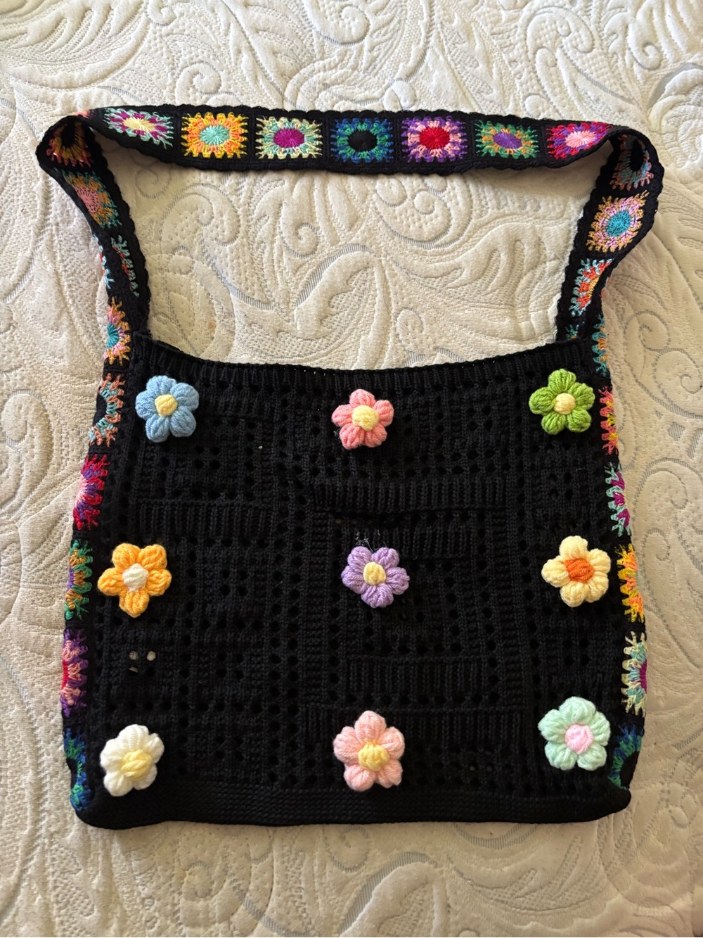 Handmade Black Crochet Shoulder Bag with Multicolor Floral Appliqués